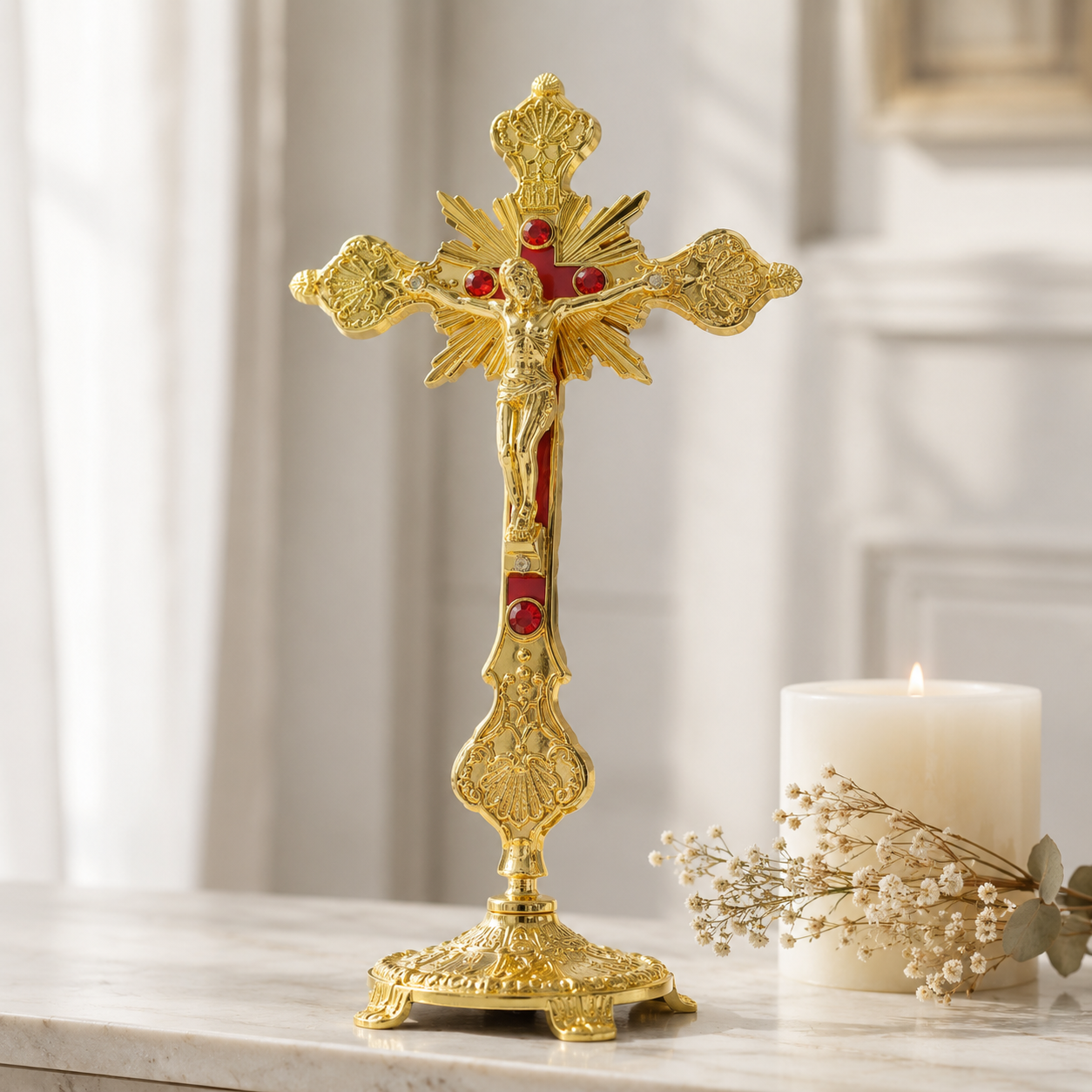 Crucifix debout doré posé sur console décoration intérieure - Boutique Jesus
