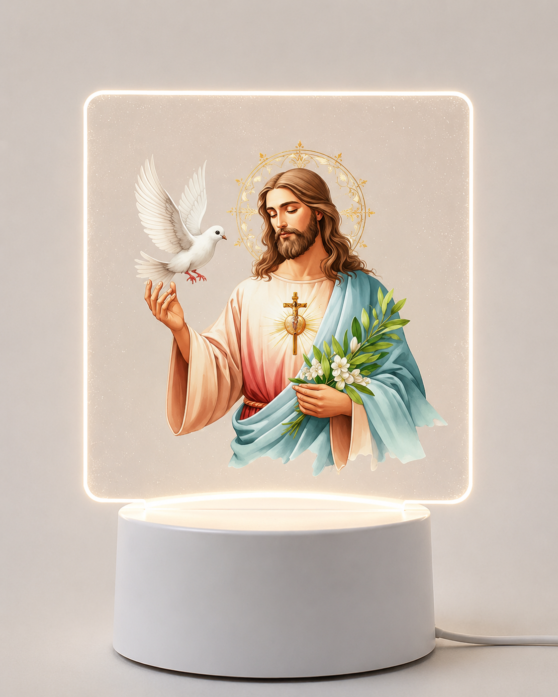 Veilleuse LED Jésus colombe Saint-Esprit fleurs base blanche - Boutique Jesus