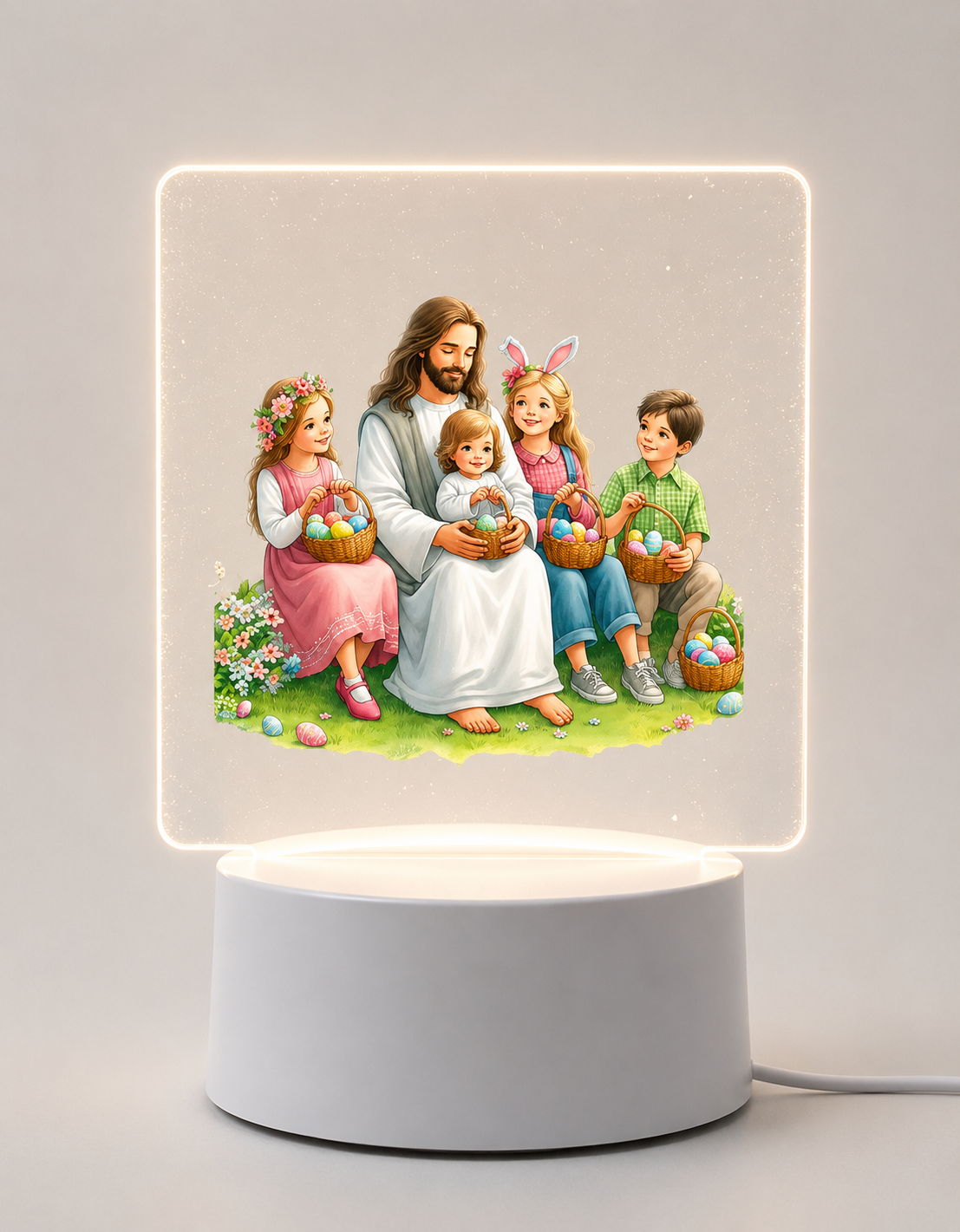 Veilleuse LED Jésus enfants paniers Pâques base blanche - Boutique Jesus