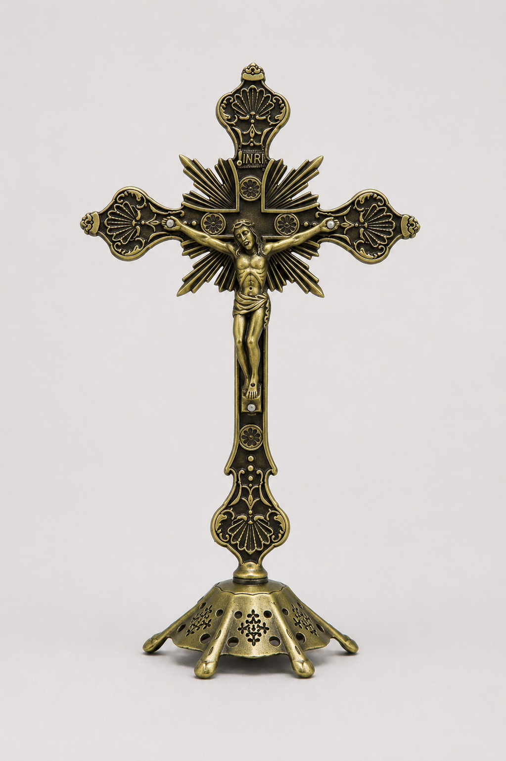 Crucifix debout bronze sculpté INRI 25cm décoration chrétienne - Boutique Jesus
