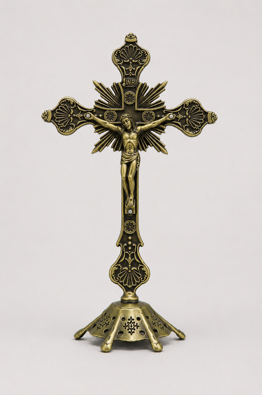 Crucifix debout bronze sculpté INRI 25cm décoration chrétienne - Boutique Jesus
