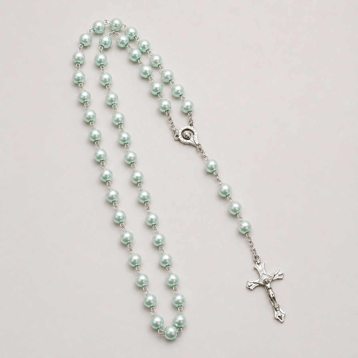 Chapelet perles nacrées vert menthe crucifix argenté - Boutique Jesus
