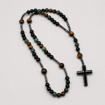 Chapelet pierres naturelles turquoise africaine œil de tigre croix obsidienne - Boutique Jesus