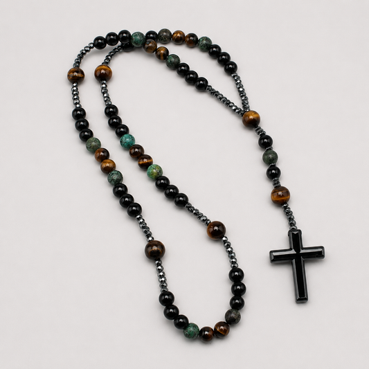 Chapelet pierres naturelles turquoise africaine œil de tigre croix obsidienne - Boutique Jesus