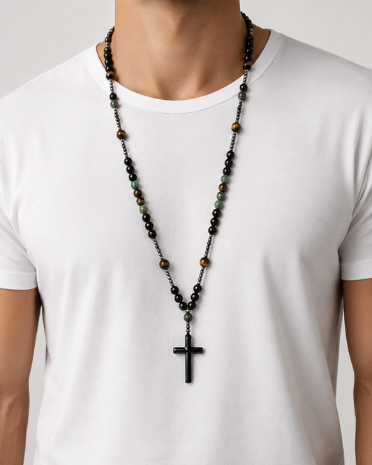 Chapelet pierres naturelles turquoise œil de tigre porté homme - Boutique Jesus
