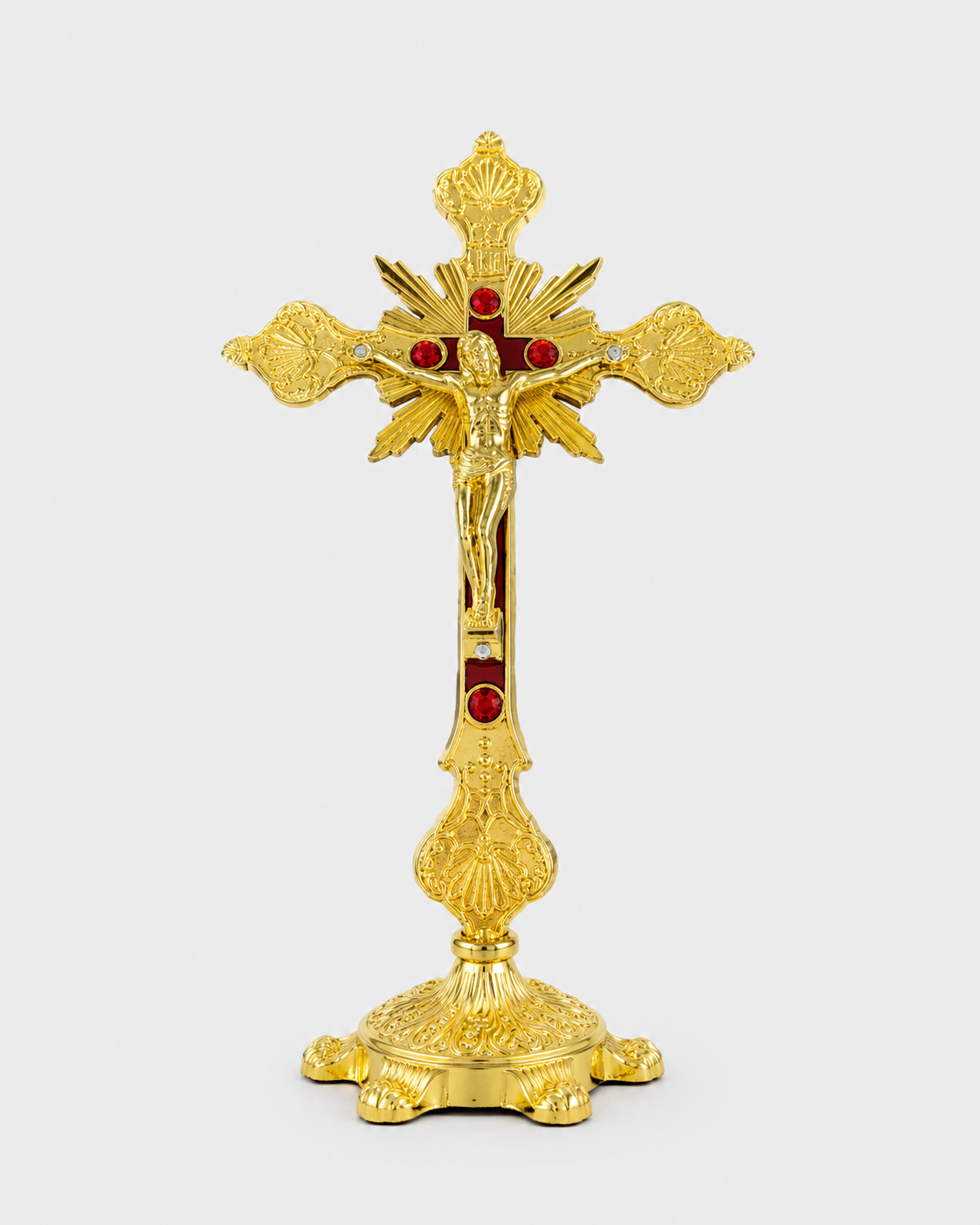 Crucifix debout doré émail rouge INRI 25cm décoration chrétienne - Boutique Jesus