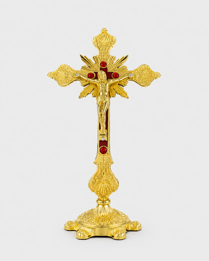 Crucifix debout doré émail rouge INRI 25cm décoration chrétienne - Boutique Jesus