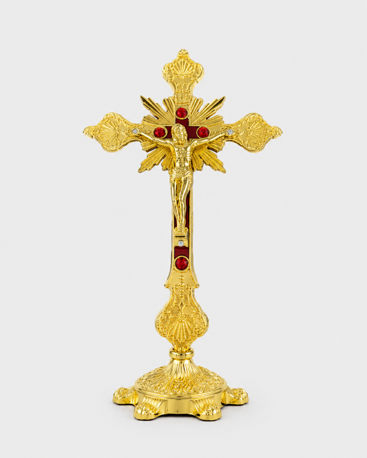 Crucifix debout doré émail rouge INRI 25cm décoration chrétienne - Boutique Jesus