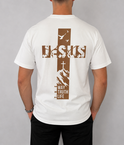 T-shirt blanc oversize croix The Way Truth Life porté de dos - Boutique Jesus