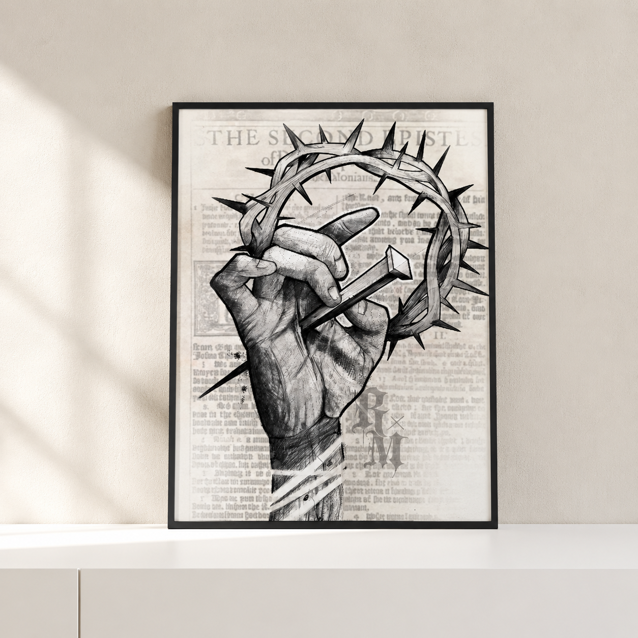 Tableau clou couronne d'épines noir et blanc encadré 30x40 - Boutique Jesus