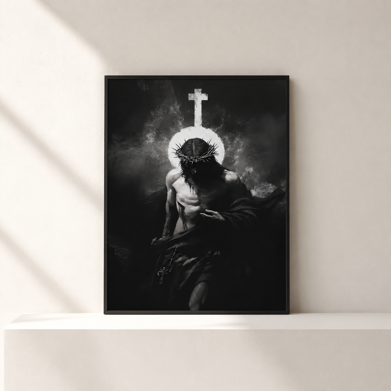 Tableau Jésus couronne d'épines croix lumineuse encadré 30x40 - Boutique Jesus
