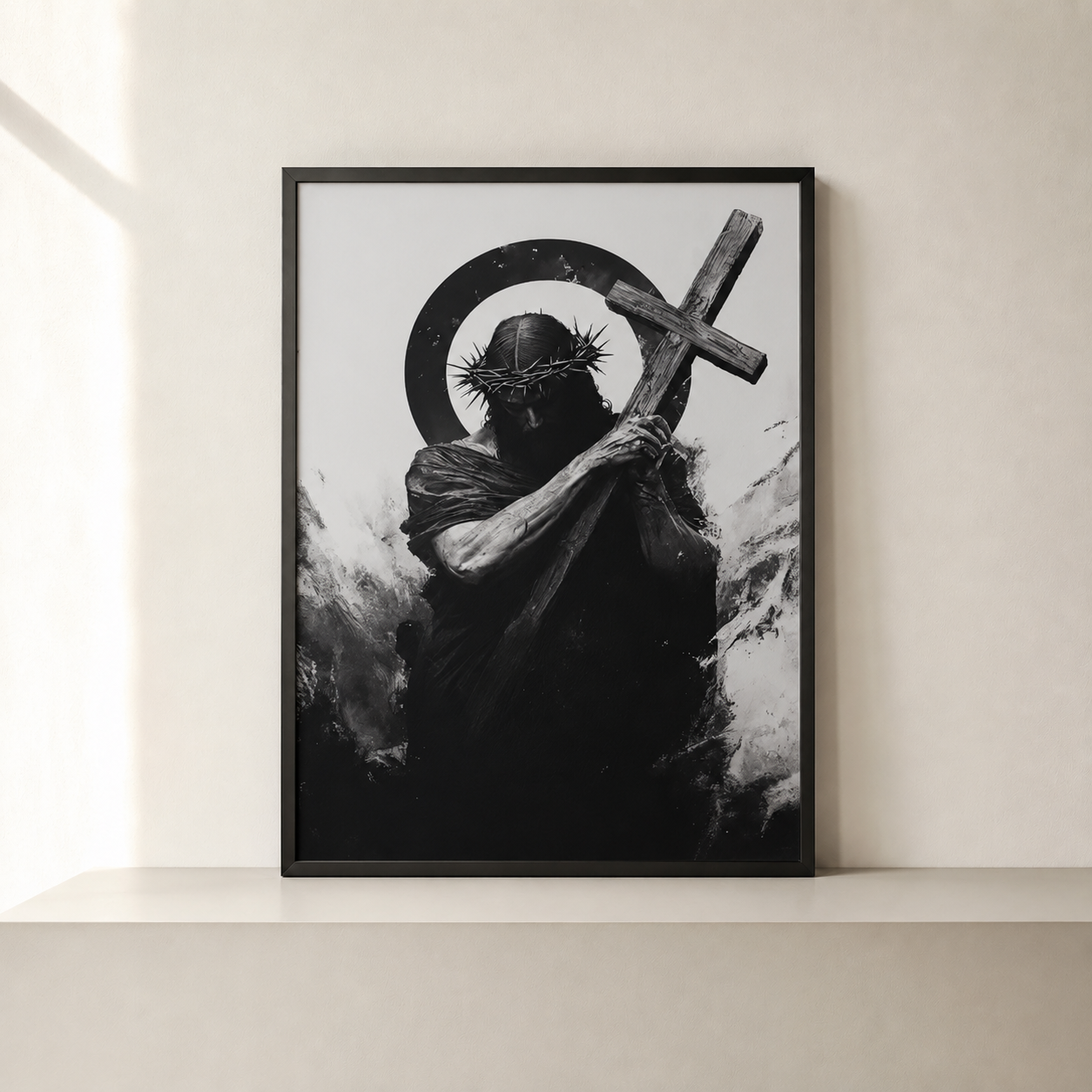 Tableau Jésus portant sa croix noir et blanc encadré 30x40 - Boutique Jesus