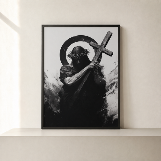 Tableau Jésus portant sa croix noir et blanc encadré 30x40 - Boutique Jesus