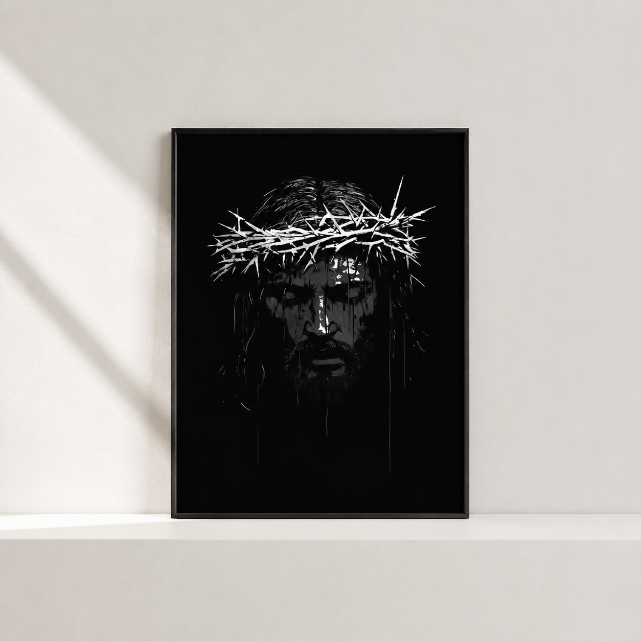 Tableau Jésus visage couronne d'épines fond noir encadré 30x40 - Boutique Jesus