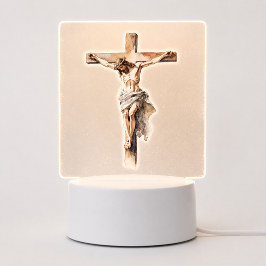 Veilleuse LED Crucifixion Jésus aquarelle croix base blanche - Boutique Jesus
