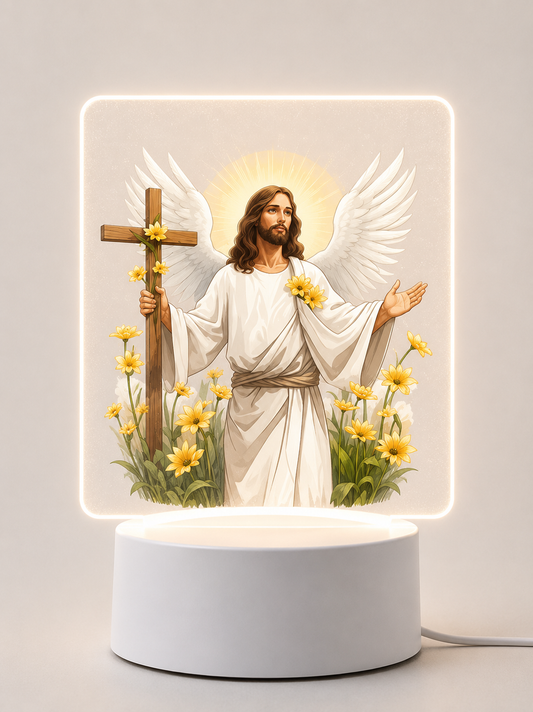 Veilleuse LED Jésus ailé croix fleurie jaune - Boutique Jesus
