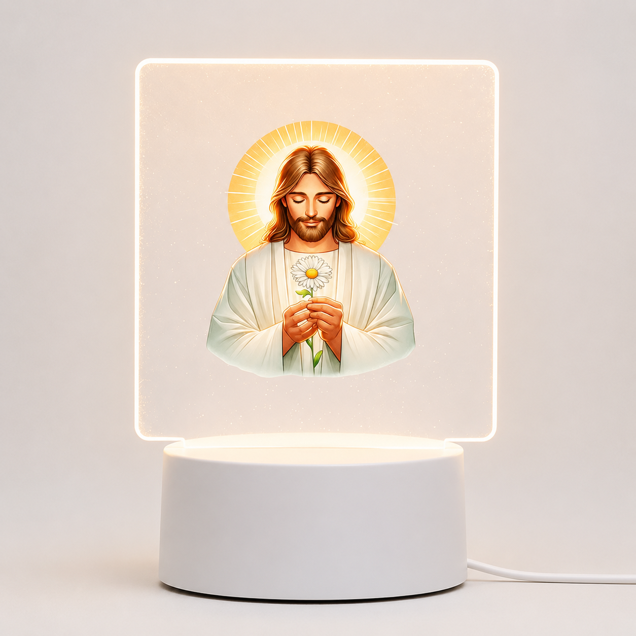 Veilleuse LED Jésus auréolé tenant une fleur base blanche - Boutique Jesus
