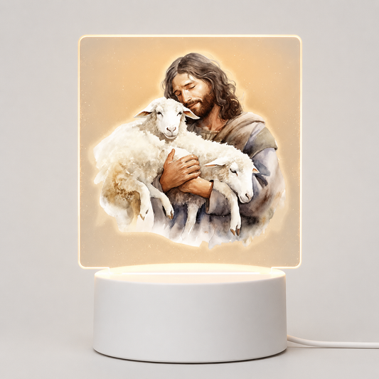 Veilleuse LED Jésus Bon Pasteur agneaux aquarelle base blanche - Boutique Jesus
