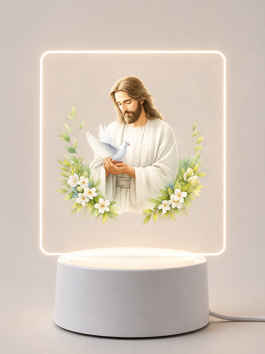 Veilleuse LED Jésus et colombe blanche base blanche - Boutique Jesus
