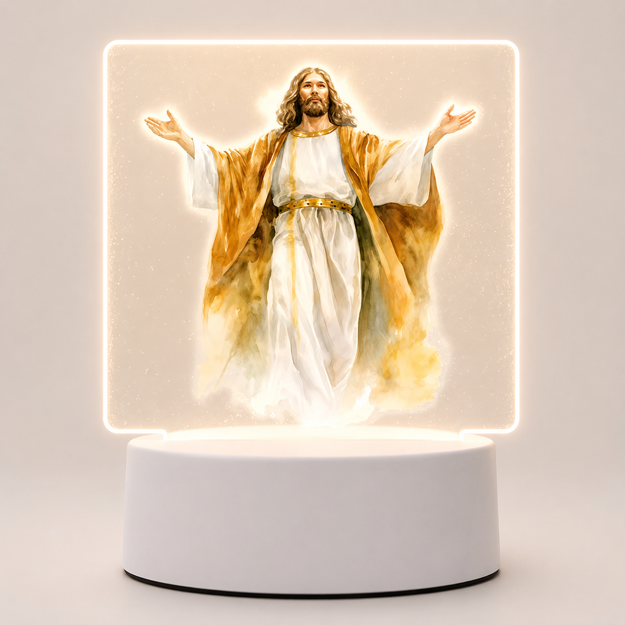 Veilleuse LED Jésus ressuscité bras ouverts aquarelle base blanche - Boutique Jesus
