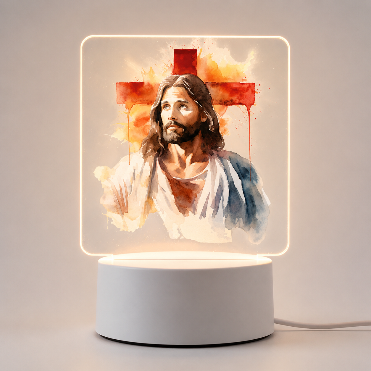 Veilleuse LED portrait aquarelle Jésus croix rouge base blanche - Boutique Jesus
